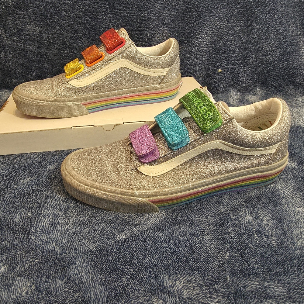 Vans Silver Glitter "Flour Shop" Sneakers with Rainbow Straps